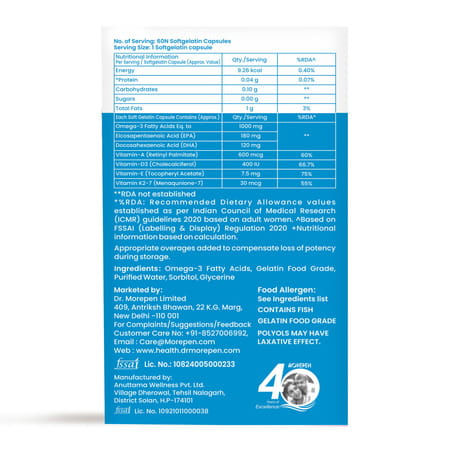 Dr. Morepen Omega 3 Deep Sea Fish Oil With 300 Mg Dha | & Vitamin A | D3 | E & K27|60 Softgel