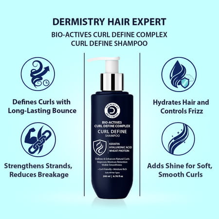 Dermistry Curly Hair Shampoo With Hyaluronic Acid Keratin For Frizz Control Curl Defining - 200ml