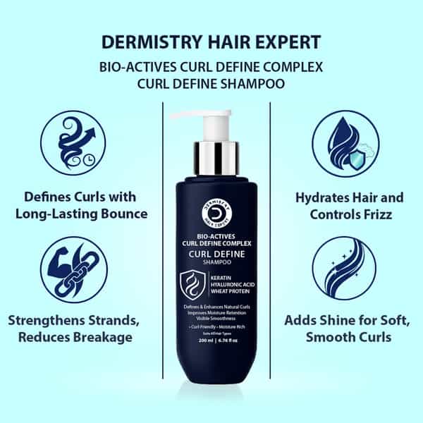 Dermistry Curly Hair Shampoo With Hyaluronic Acid Keratin For Frizz Control Curl Defining - 200Ml