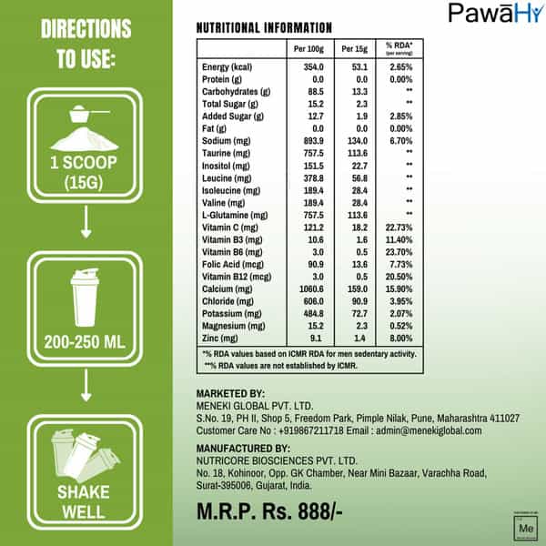 Pawahy Isotonic Energy Drink Endurance Workout Electrolyte Drink With 2:1:1 Bcaa- 1Kg (Green Apple)