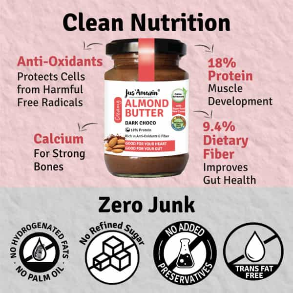 Jus Amazin Creamy Almond Butter Dark Chocolate (125G)|Clean Nutrition|76% Almonds|No Refined Sugar