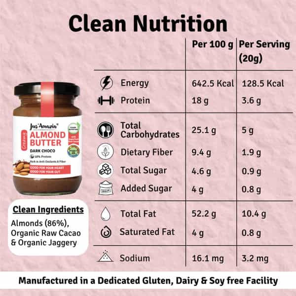 Jus Amazin Creamy Almond Butter Dark Chocolate (125G)|Clean Nutrition|76% Almonds|No Refined Sugar