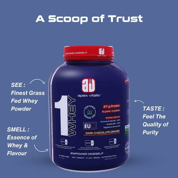 Apex Vitals 1 Whey - Grass-Fed Whey | 27G Protein | Digestive Enzymes Dark Chocolate Orange- 4Lbs
