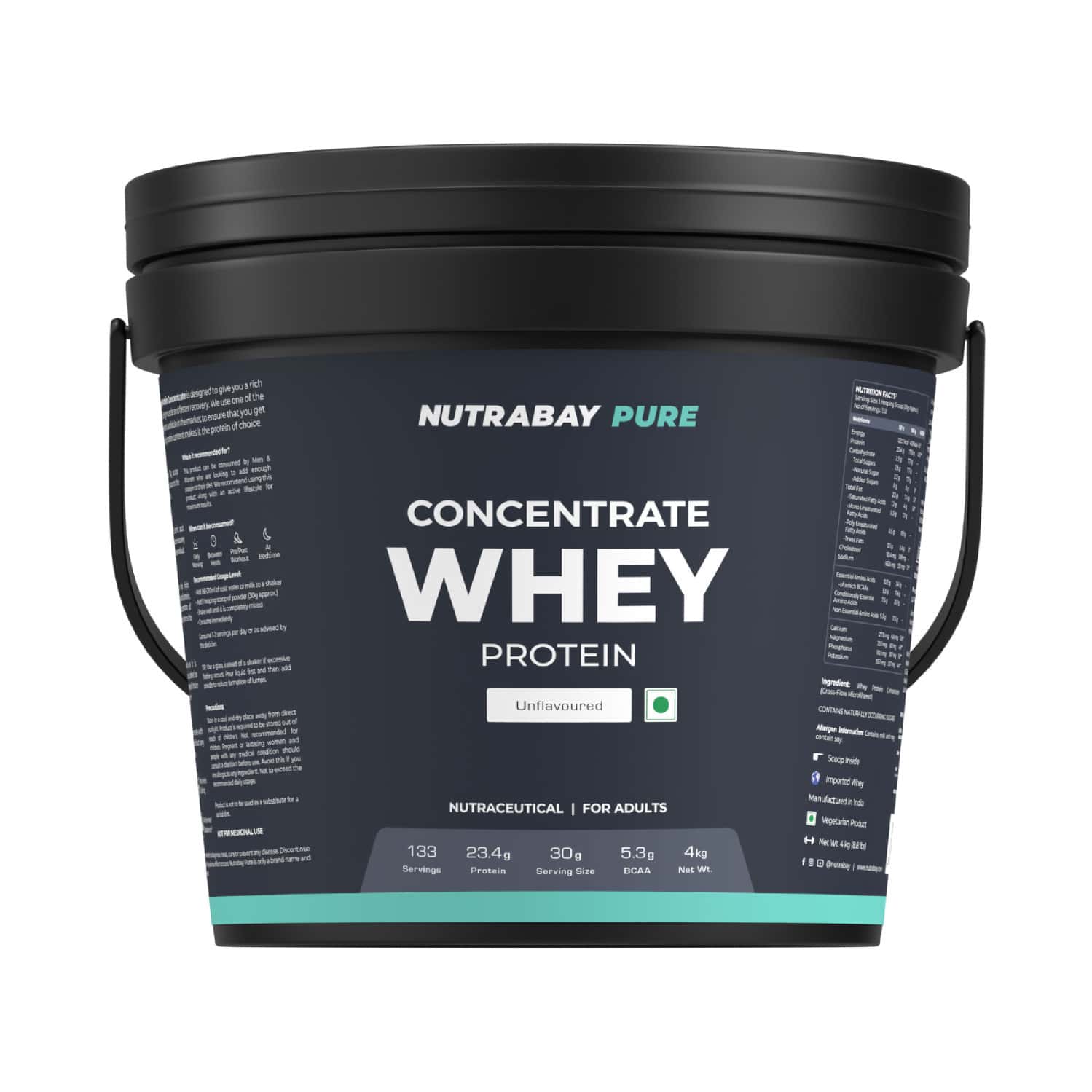 Nutrabay Pure 100% Whey Protein Concentrate Powder - Unflavored | 23.4g Protein | 5.3g Bcaa | 4 Kg