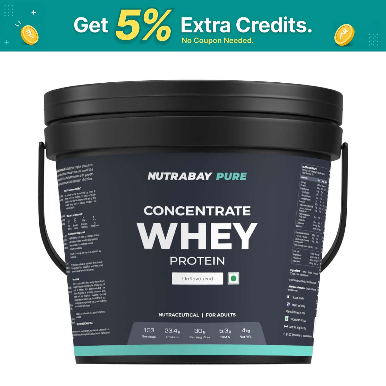 Nutrabay Pure 100% Whey Protein Concentrate Powder - Unflavored | 23.4g Protein | 5.3g Bcaa | 4 Kg