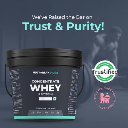 Nutrabay Pure 100% Whey Protein Concentrate Powder - Unflavored | 23.4g Protein | 5.3g Bcaa | 4 Kg