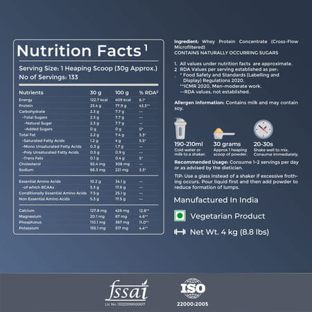 Nutrabay Pure 100% Whey Protein Concentrate Powder - Unflavored | 23.4g Protein | 5.3g Bcaa | 4 Kg