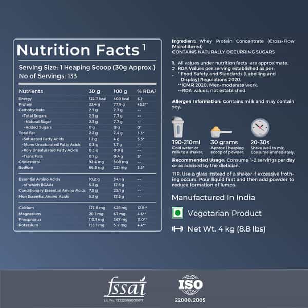 Nutrabay Pure 100% Whey Protein Concentrate Powder - Unflavored | 23.4G Protein | 5.3G Bcaa | 4 Kg
