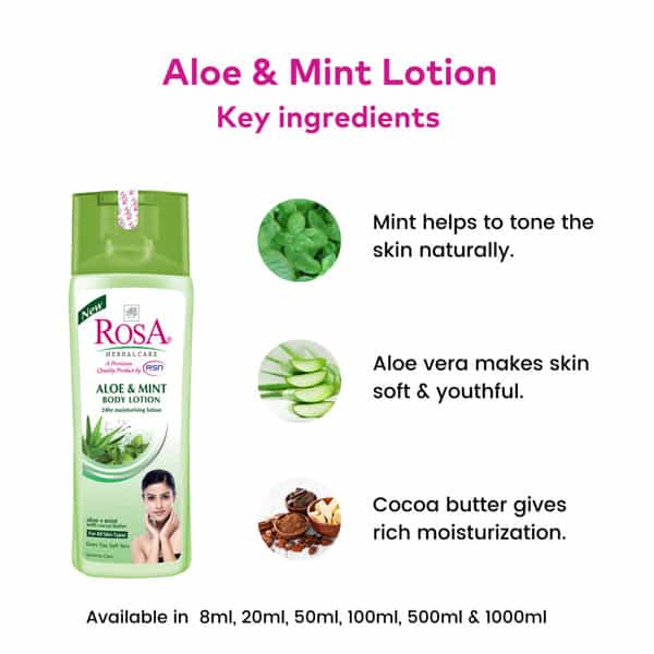 Rosa Aloe & Mint Body Lotion With Cocoa Butter & Vitamin- E L Refreshing Feel & Cool I 1000Ml