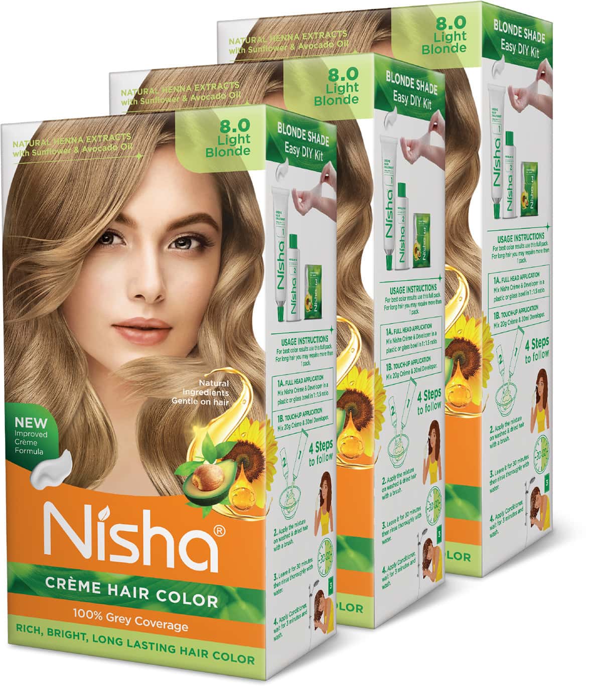 Nisha Creme Hair Color 8.0 Light Blonde 150g Pack Of 3 | Permanent Hair Colour | 100% Grey Coverage
