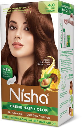 Nisha Creme Hair Color 4.0 Natural Brown (60gm+60ml+18ml) Ammonia Free Permanent Hair Colour
