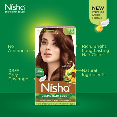 Nisha Creme Hair Color 4.0 Natural Brown (60gm+60ml+18ml) Ammonia Free Permanent Hair Colour