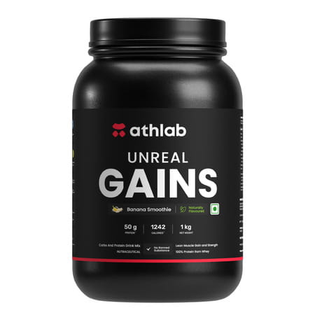 Athlab Unreal Gains Mass Gainer | Naturally Flavoured & Sweetened - Banana Smoothie | 1 Kg