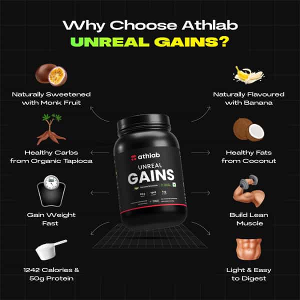 Athlab Unreal Gains Mass Gainer | Naturally Flavoured & Sweetened - Banana Smoothie | 1 Kg