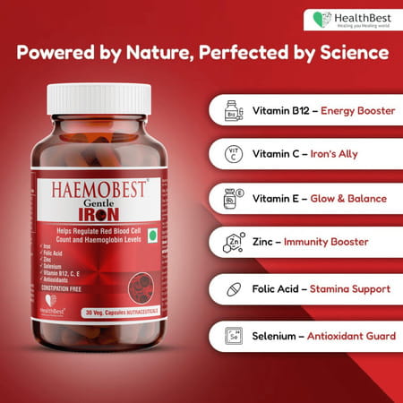 Healthbest Haemobest Iron Supplement For Hemoglobin Support Energy & Immunity - 30 Capsules