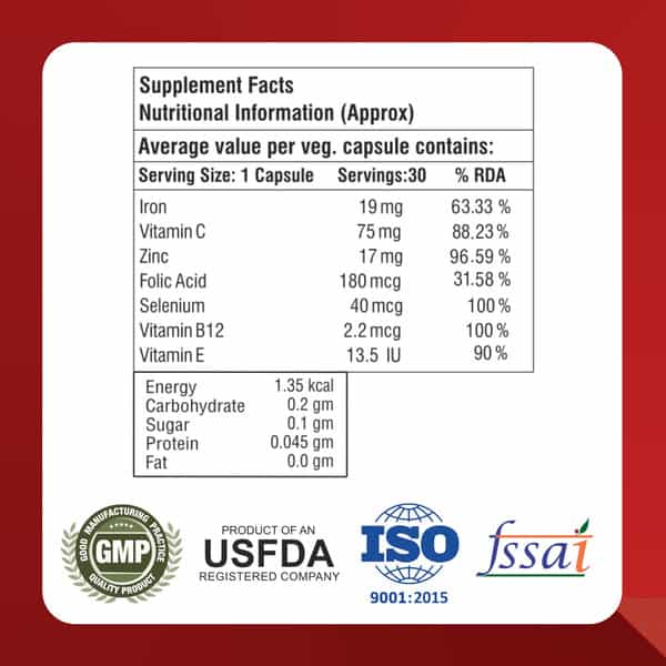 Healthbest Iron Supplement For Hemoglobin Support Energy & Immunity - 30 Capsules