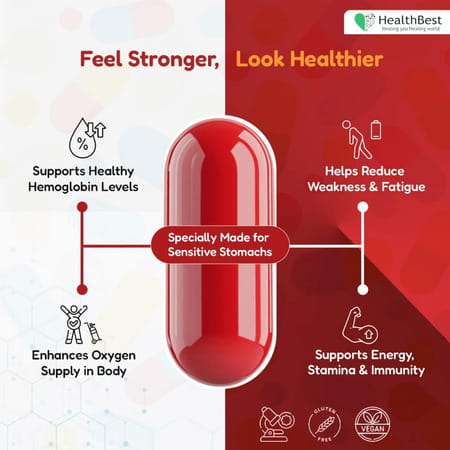 Healthbest Iron Supplement For Hemoglobin Support Energy & Immunity - 30 Capsules