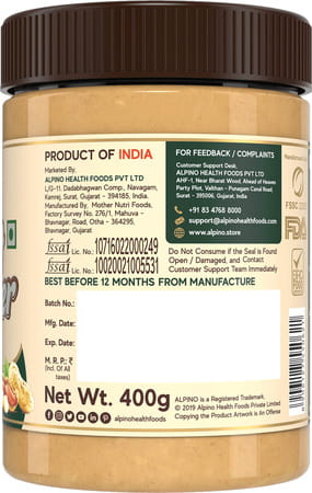 Alpino High Protein Natural Peanut Butter Crunch 400 G | Unsweetened | 100% Pla