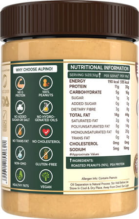 Alpino High Protein Natural Peanut Butter Crunch 400 G | Unsweetened | 100% Pla