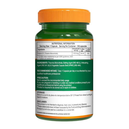 Pure Nutrition Vitamin B1 (Thiamine Mononitrate) 1700 Mcg - 120 Veg Capsules