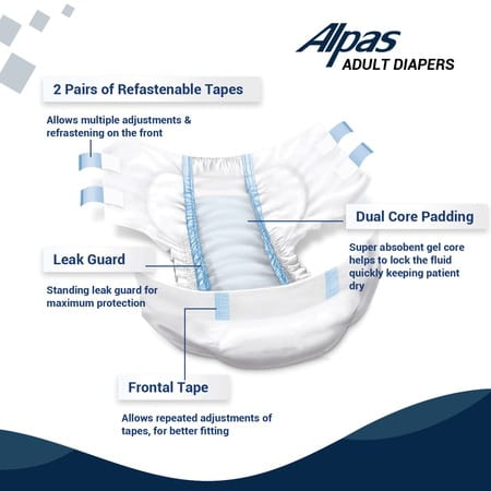 Alpas Adult Diaper Tape Style Waist Size 71-112 Cm ( 28 - 44 Incs ) Medium-10