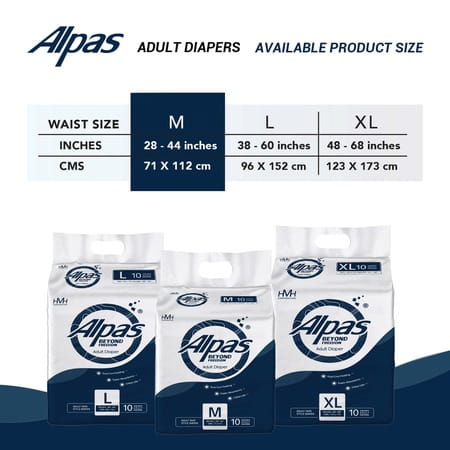 Alpas Adult Diaper Tape Style Waist Size 71-112 Cm ( 28 - 44 Incs ) Medium-10