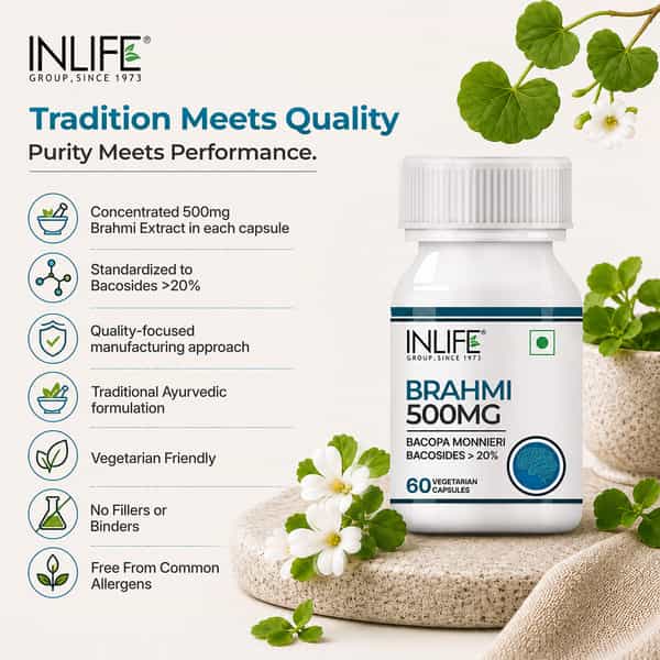 Inlife Brahmi/Bacopa Monnieri Extract Tablet Supplement 500 Mg 60 Vegetarian Capsules