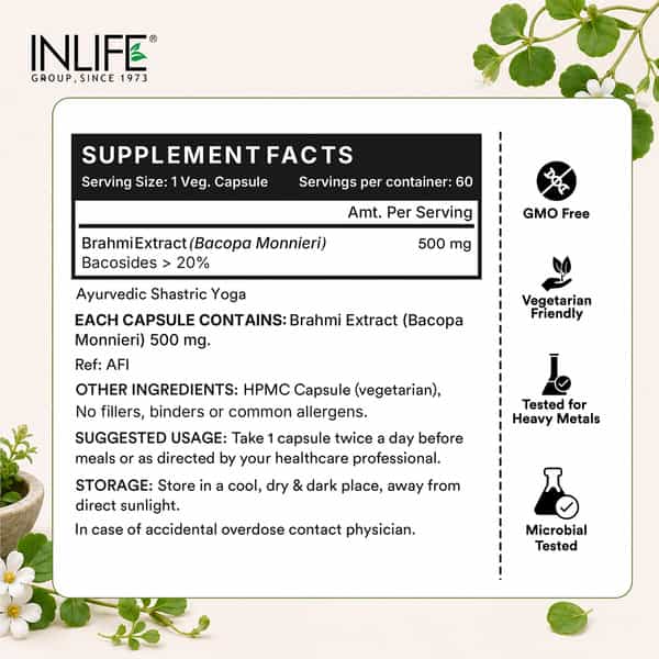 Inlife Brahmi/Bacopa Monnieri Extract Tablet Supplement 500 Mg 60 Vegetarian Capsules