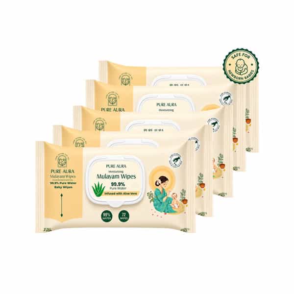 Pure Aura Baby Wipes - Doctor Recommended Pure Water Wipes With Aloe Vera 72 Pulls Pack Of 5