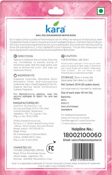 Kara Nail Polish Remover Wipes With Rose - 30 Wipes