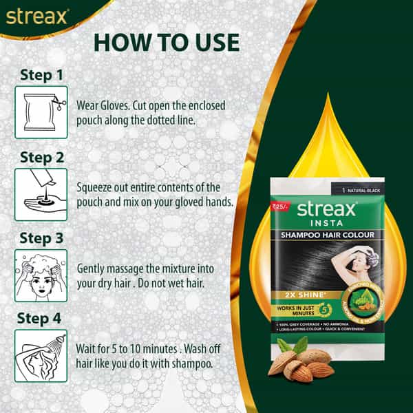 Streax Insta Shampoo Hair Colour - Natural Black 18Ml