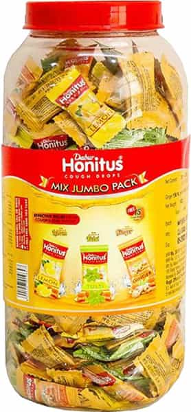 Dabur Honitus Cough Drops Mix Jumbo Pack | Lemon Tulsi And Ginger - 300N (2.8G)+15N Drops Free