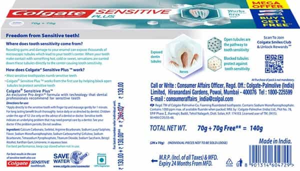 Colgate Sensitive Plus Toothpaste With Pro Argin Formula 70Gm (Buy 1 Get 1 Free)