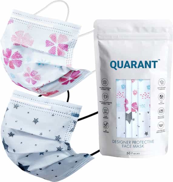 Quarant 4 Ply Designer Protective Surgical Face Mask With Nose Pin White Combo - Pack Of 50