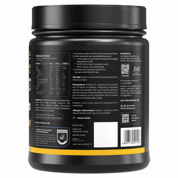 Nutrabay Gold Pea Protein Powder | 25G Protein | 4.6G Bcaa | 5G Fiber | Cold Coffee Flavour - 500Gm