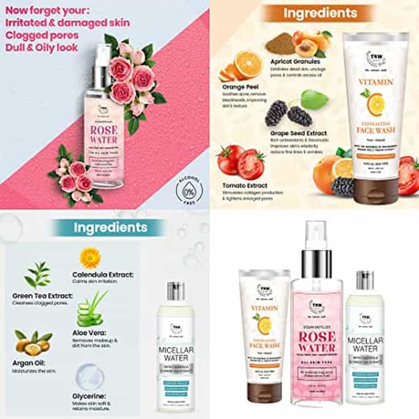 Tnw The Natural Wash Skincare Combo With Micellar Water, Steam Distilled Rose Water & Vitamin C Exfo