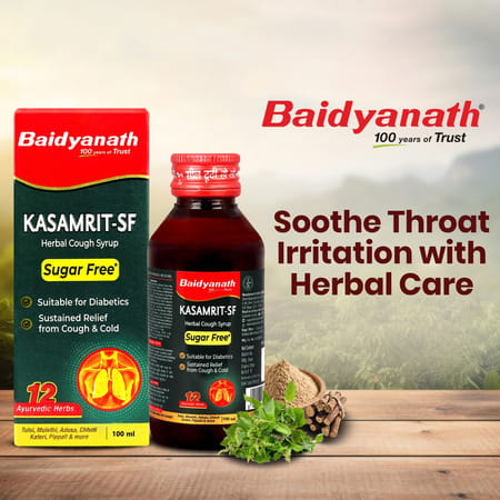 Baidyanath Kasamrit Sugar Free | Herbal Cough Syrup With Tulsi Mulethi Pippal & 9 Herbs - 100ml