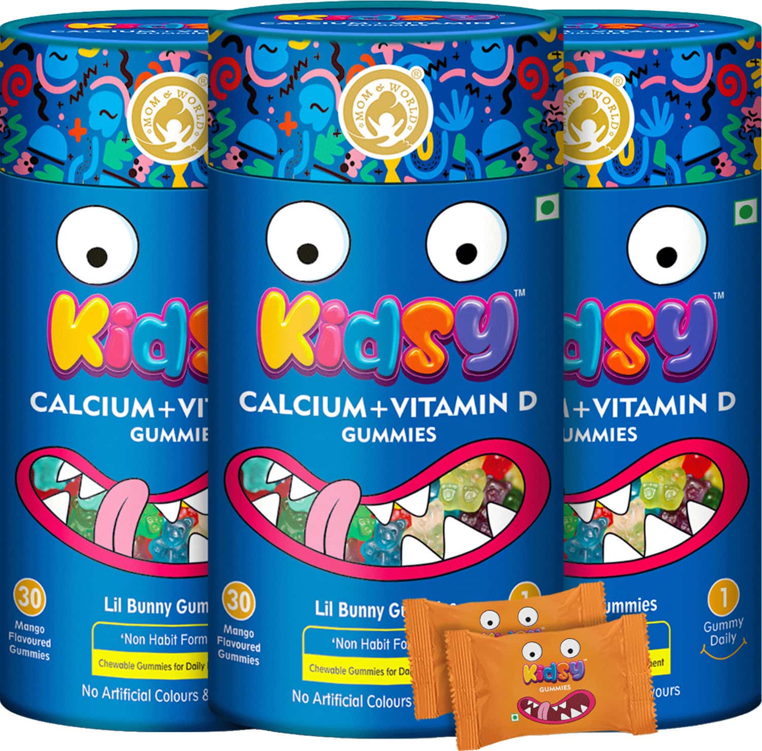 Mom & World Kidsy Calcium + Vitamin D Gummies For Kids-30 (Mango Flavoured) (Pack Of 3)