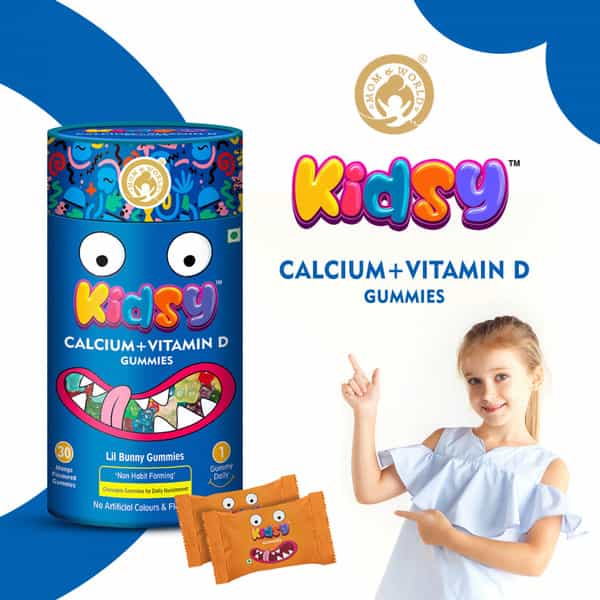 Mom & World Kidsy Calcium + Vitamin D Gummies For Kids-30 (Mango Flavoured) (Pack Of 3)