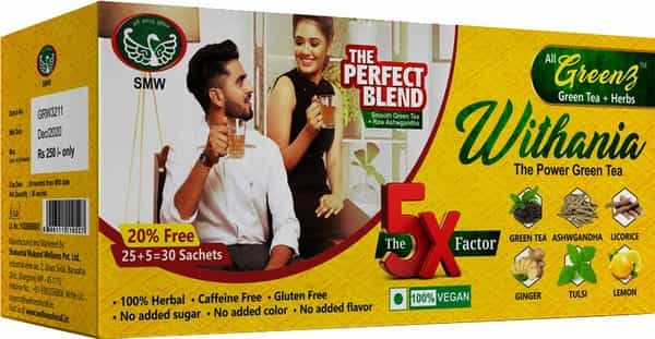Smw's Lemon Green Tea With Ashwgandha | Vigor & Vitality | Greenz Withania - 30 Sachet