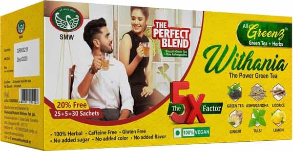 Smw's Lemon Green Tea With Ashwgandha | Vigor & Vitality | Greenz Withania - 30 Sachet