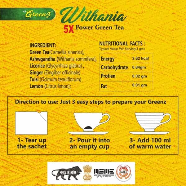 Smw's Lemon Green Tea With Ashwgandha | Vigor & Vitality | Greenz Withania - 30 Sachet