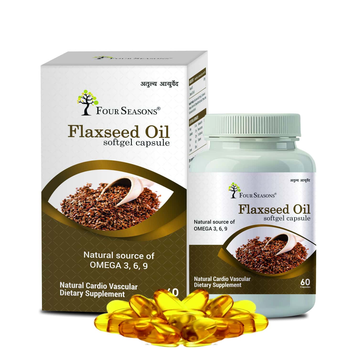 Four Seasons Flax Seed Oil Softgel Capsule - 60 | Omega 369 | Helps Skin | Heart & Brain Health