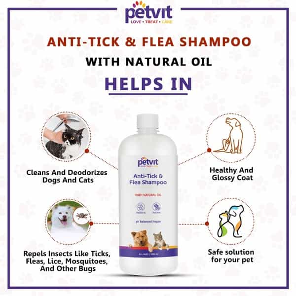 Petvit Anti-Tick Flea Larvae Lice Mosquitoes Shampoo With Vitamin E For All Breed Dog/Cat -1000 Ml