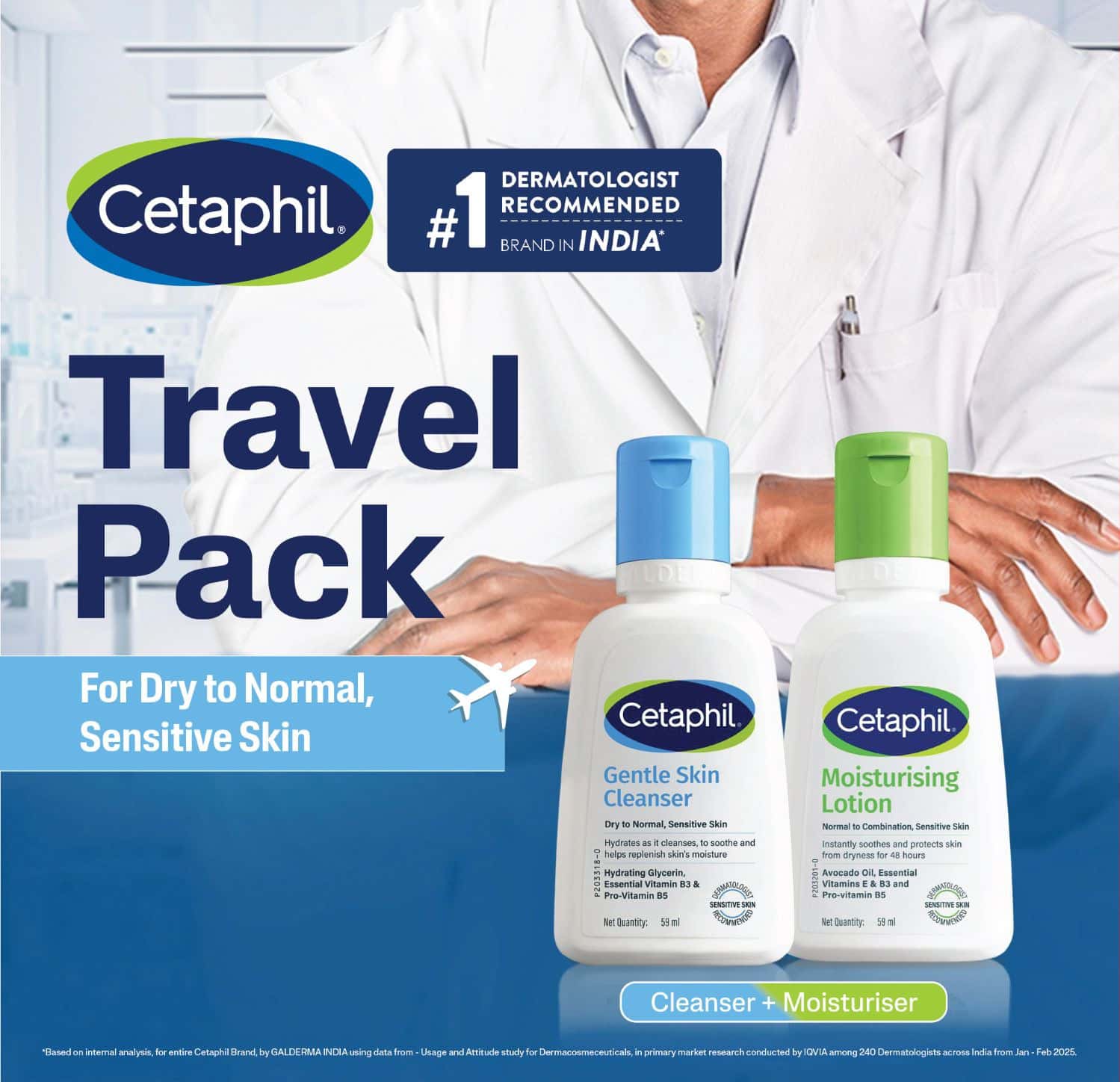 Cetaphil Travel Pack Dry To Normal Sensitive Skin Cleanser & Moisturising Lotion (59ml+59ml) 118ml