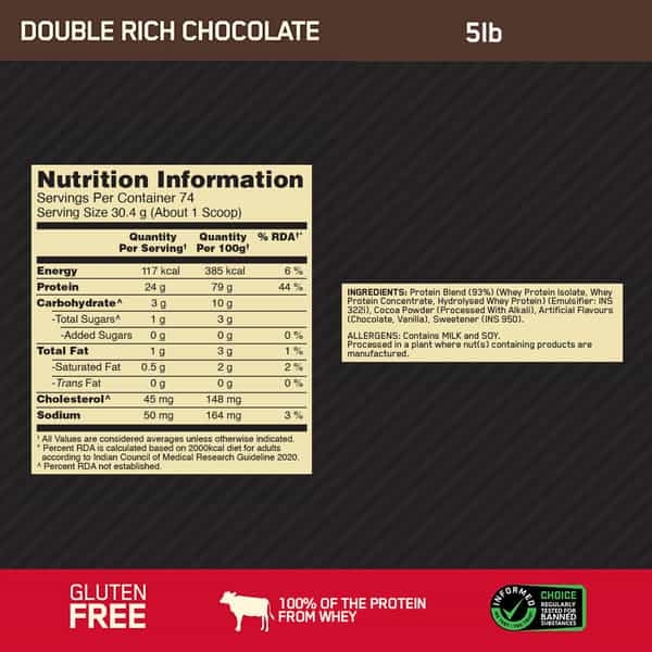 Optimum Nutrition (On) Gold Standard 100% Whey Protein Double Rich Chocolate Flavour 2.27Kg Powder