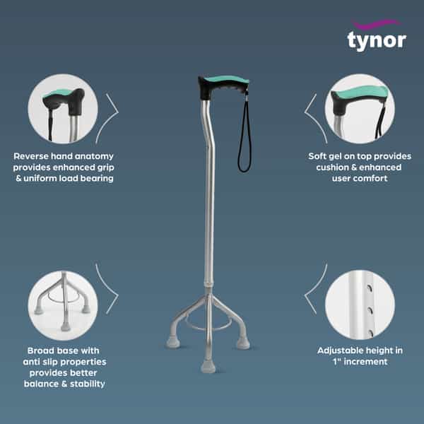 Tynor Walking Stick Tripod Silver Universal Size 1 Unit