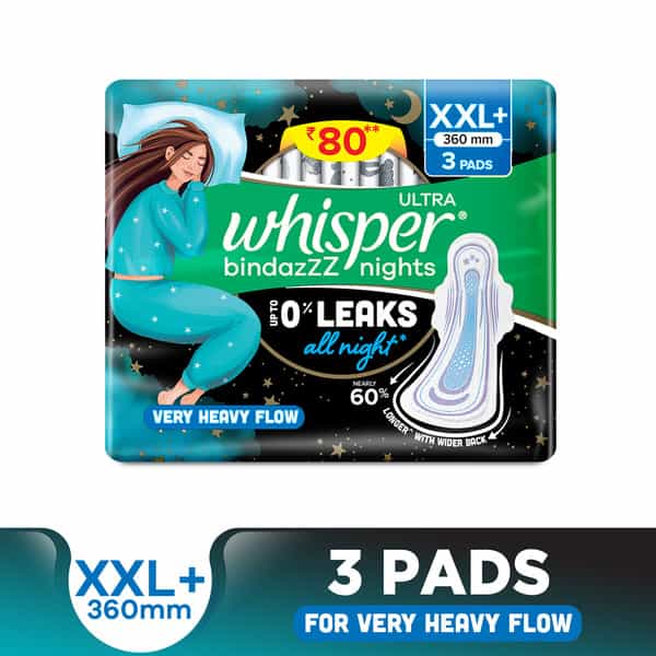 Whisper Thick Bindazzz Nights Xxl+ Size (360Mm) All Night For Very Heavy Flow Sanitary Pad 3 No's