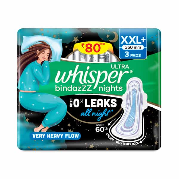 Whisper Thick Bindazzz Nights Xxl+ Size (360Mm) All Night For Very Heavy Flow Sanitary Pad 3 No's