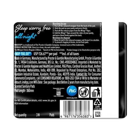 Whisper Thick Bindazzz Nights Xxl+ Size (360mm) All Night For Very Heavy Flow Sanitary Pad 3 No'S